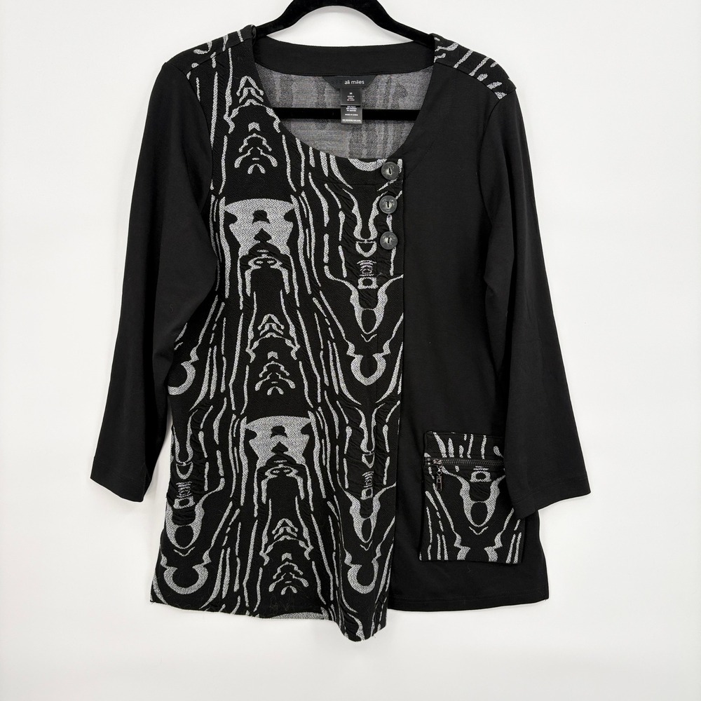 Ali Miles Womens M Tunic Top Black Abstract Asymmetric Button Art To Wear